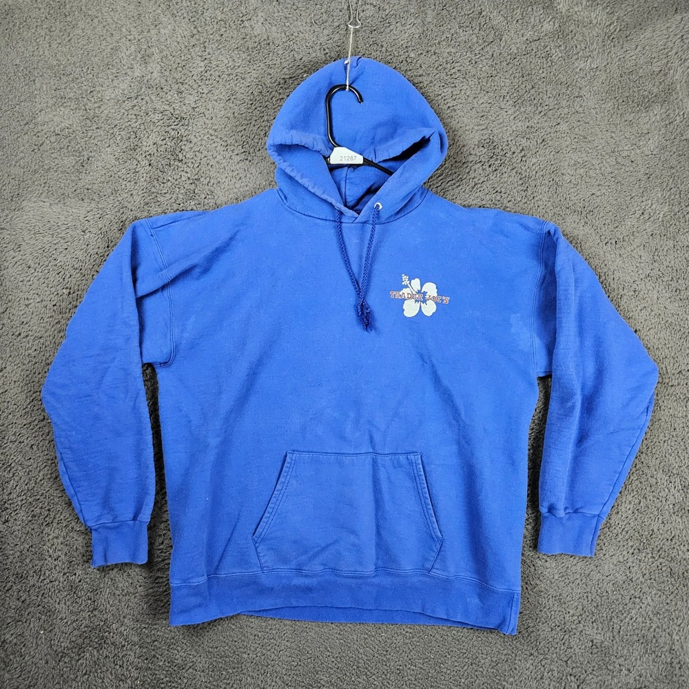 Trader Joes Hoodie Mens Large Blue Hanes Ultimate Cotton Hibiscus Floral Graphic
